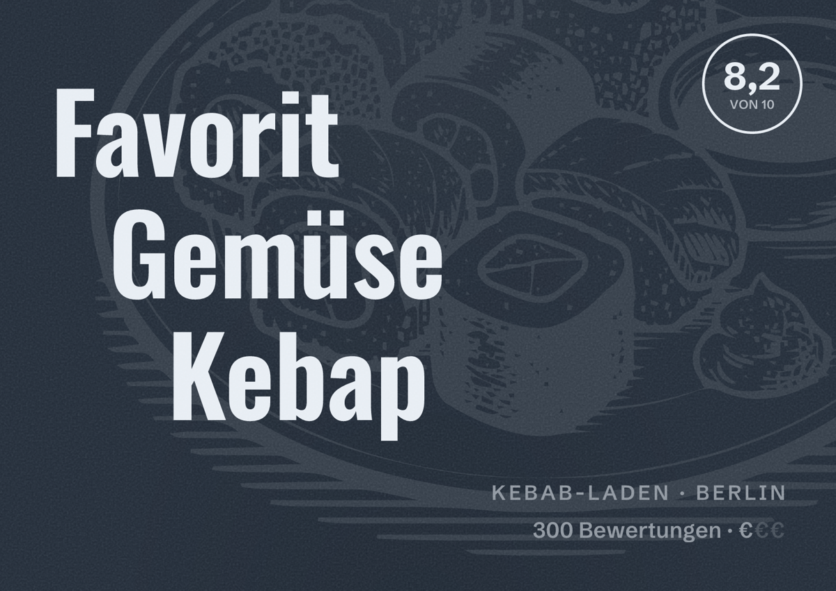 Illustriertes Poster von Favorit Gemüse Kebap, Kebab-Laden in Berlin: Bewertung 8,2 von 10 aus 300 Bewertungen, Preisniveau €
