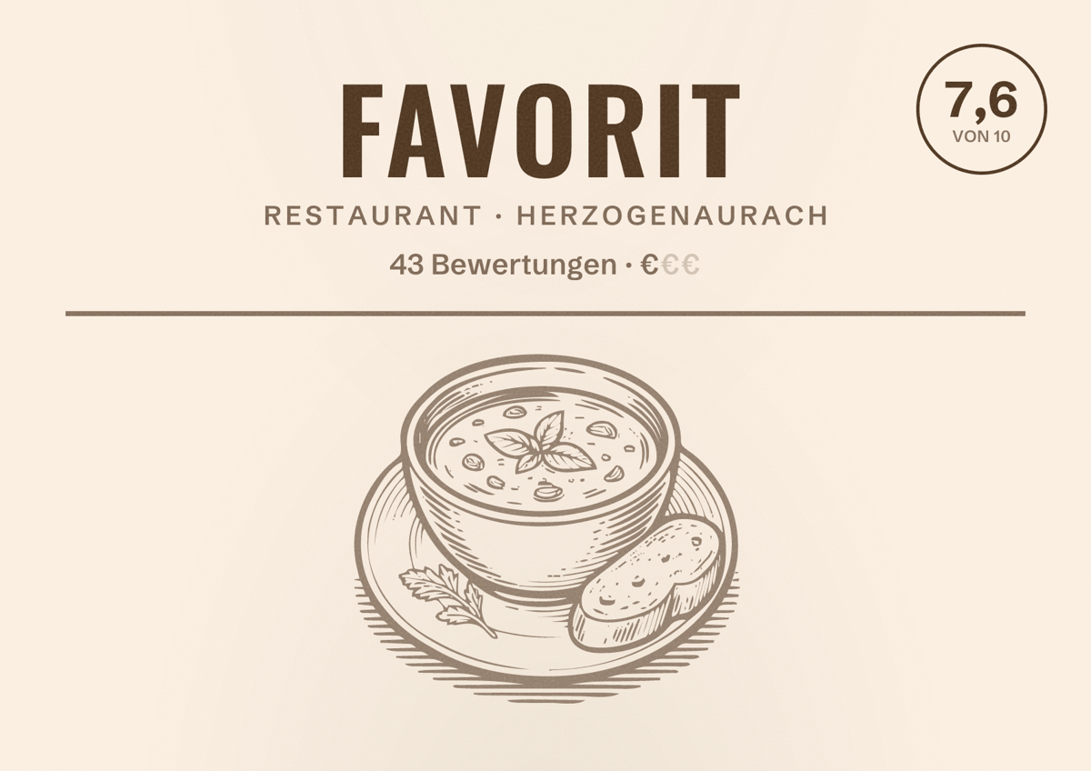 Illustriertes Poster von Favorit, Restaurant in Herzogenaurach: Bewertung 7,6 von 10 aus 43 Bewertungen, Preisniveau €