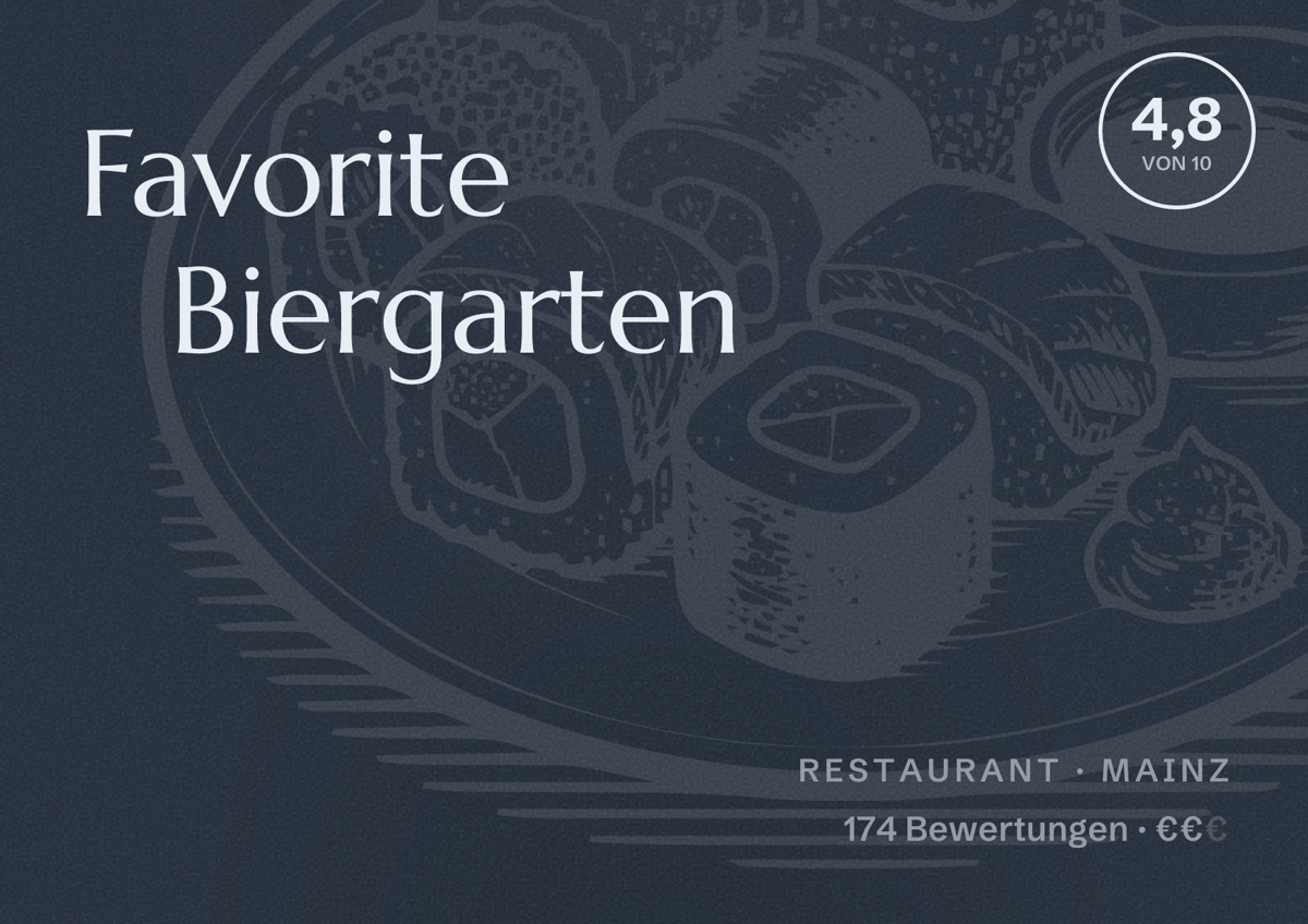Illustriertes Poster von Favorite Biergarten, Restaurant in Mainz: Bewertung 4,8 von 10 aus 174 Bewertungen, Preisniveau €€