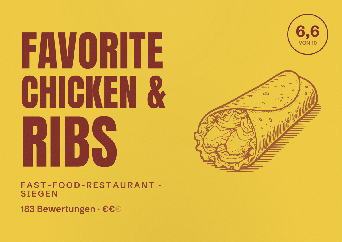 Illustriertes Poster von Favorite Chicken & Ribs, Fast-Food-Restaurant in Siegen: Bewertung 6,6 von 10 aus 183 Bewertungen, Preisniveau €€