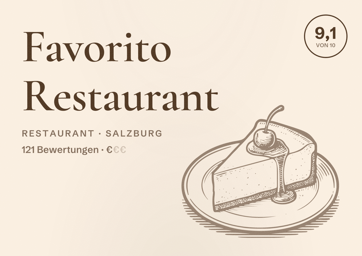 Illustriertes Poster von Favorito Restaurant, Restaurant in Salzburg: Bewertung 9,1 von 10 aus 121 Bewertungen, Preisniveau €