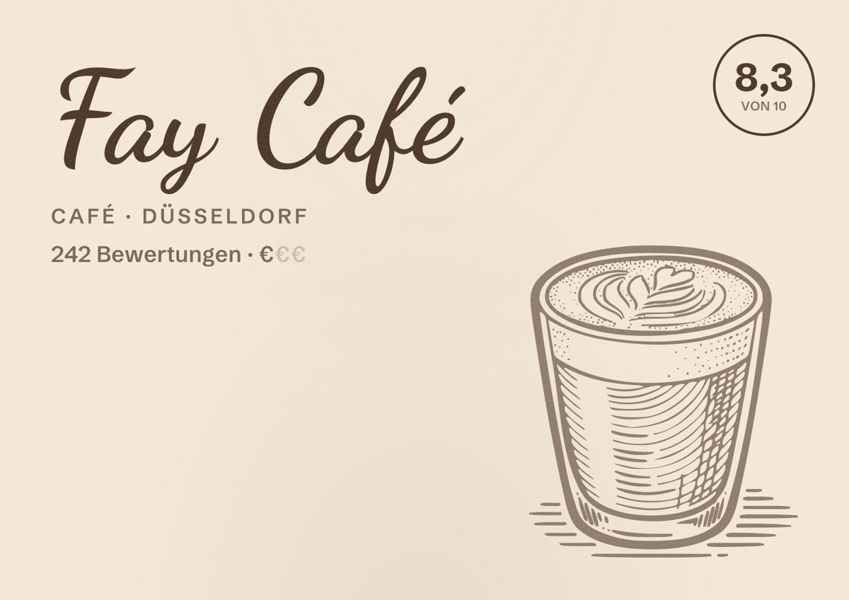 Illustriertes Poster von Fay Café, Café in Düsseldorf: Bewertung 8,3 von 10 aus 242 Bewertungen, Preisniveau €