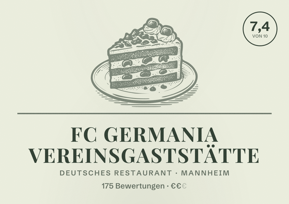 Illustriertes Poster von FC Germania Vereinsgaststätte, Deutsches Restaurant in Mannheim: Bewertung 7,4 von 10 aus 175 Bewertungen, Preisniveau €€