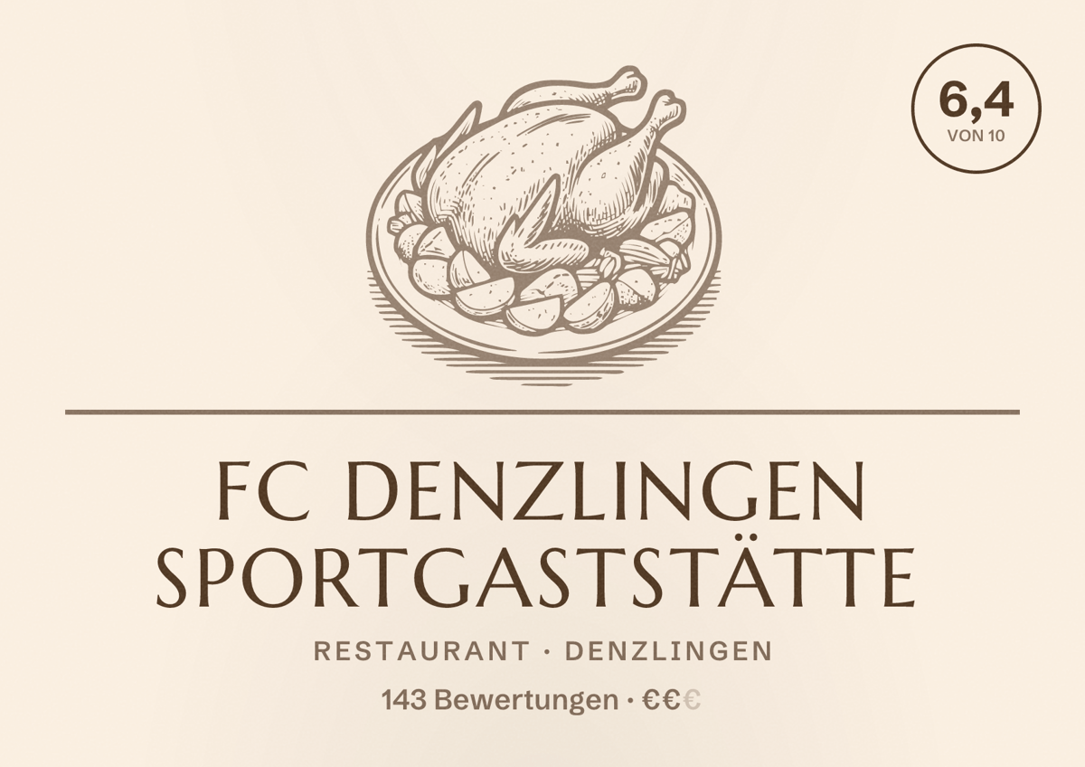 Illustriertes Poster von FC Denzlingen Sportgaststätte, Restaurant in Denzlingen: Bewertung 6,4 von 10 aus 143 Bewertungen, Preisniveau €€