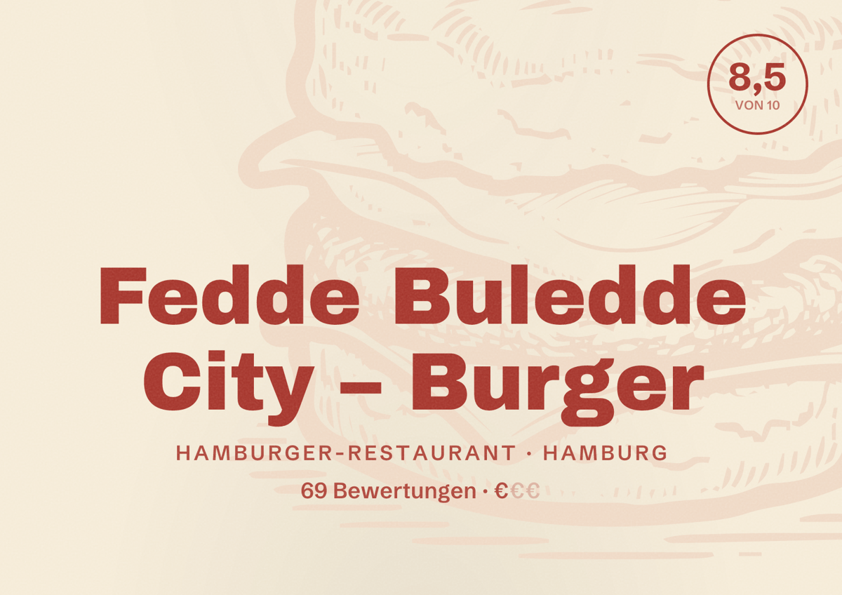 Illustriertes Poster von Fedde Buledde City – Burger, Hamburger-Restaurant in Hamburg: Bewertung 8,5 von 10 aus 69 Bewertungen, Preisniveau €