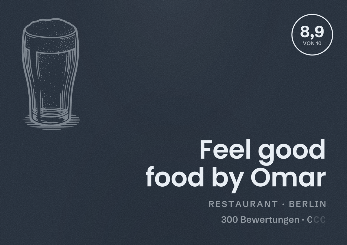 Illustriertes Poster von Feel good food by Omar, Restaurant in Berlin: Bewertung 8,9 von 10 aus 300 Bewertungen, Preisniveau €