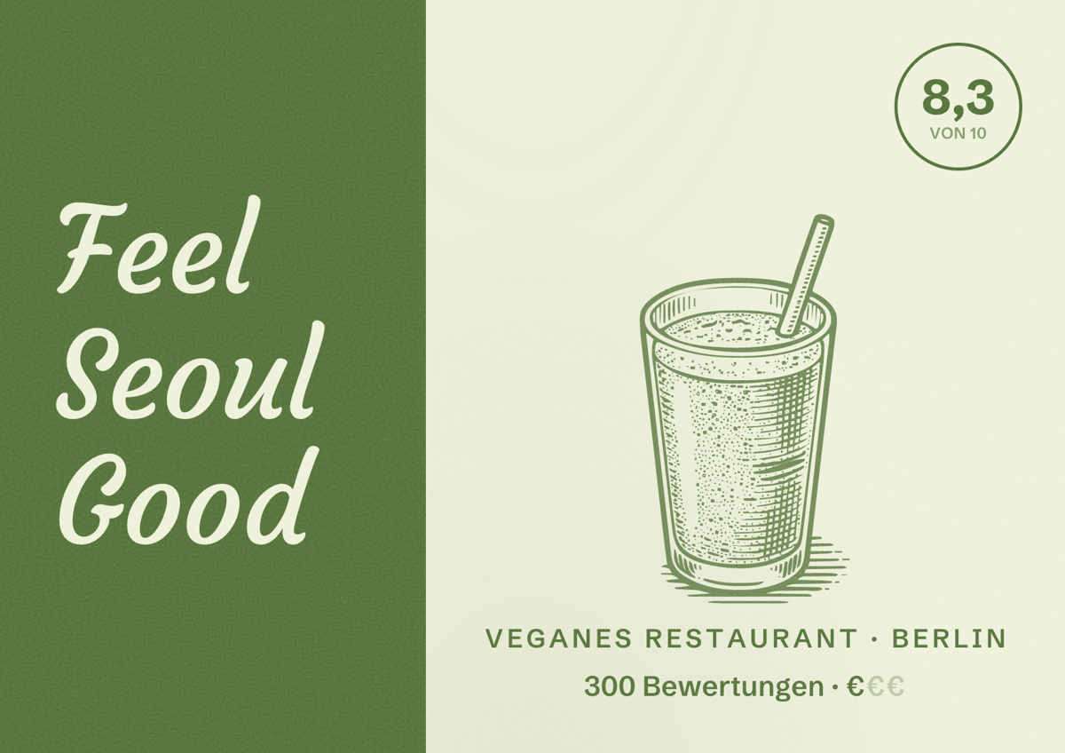 Illustriertes Poster von Feel Seoul Good, Veganes Restaurant in Berlin: Bewertung 8,3 von 10 aus 300 Bewertungen, Preisniveau €