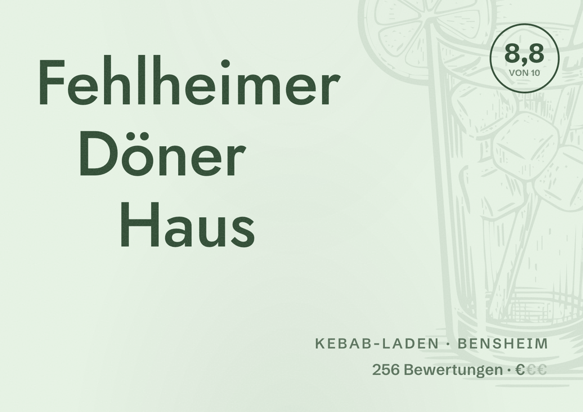 Illustriertes Poster von Fehlheimer Döner Haus, Kebab-Laden in Bensheim: Bewertung 8,8 von 10 aus 256 Bewertungen, Preisniveau €