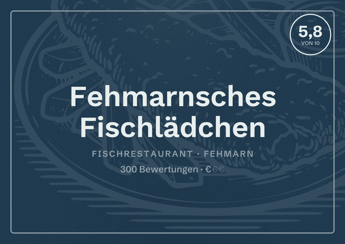 Illustriertes Poster von Fehmarnsches Fischlädchen, Fischrestaurant in Fehmarn: Bewertung 5,8 von 10 aus 300 Bewertungen, Preisniveau €
