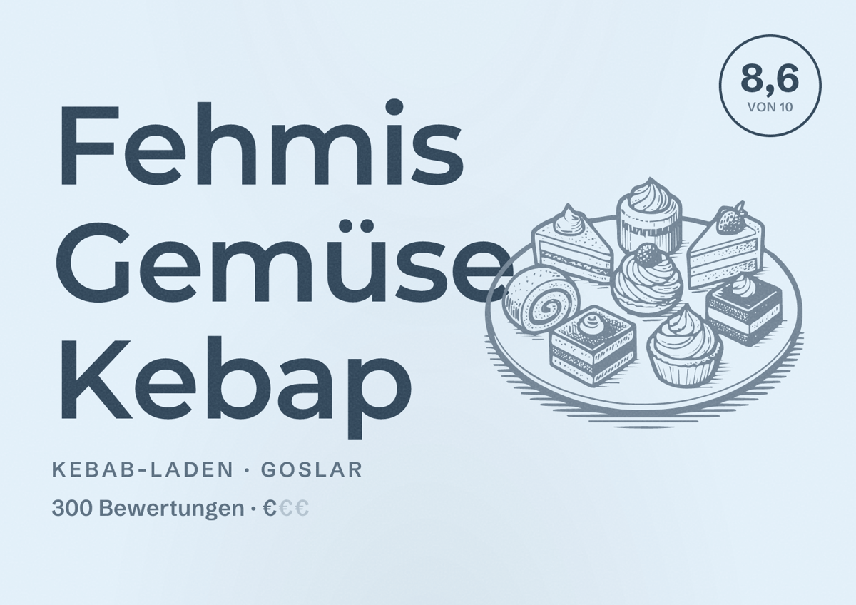 Illustriertes Poster von Fehmis Gemüse Kebap, Kebab-Laden in Goslar: Bewertung 8,6 von 10 aus 300 Bewertungen, Preisniveau €