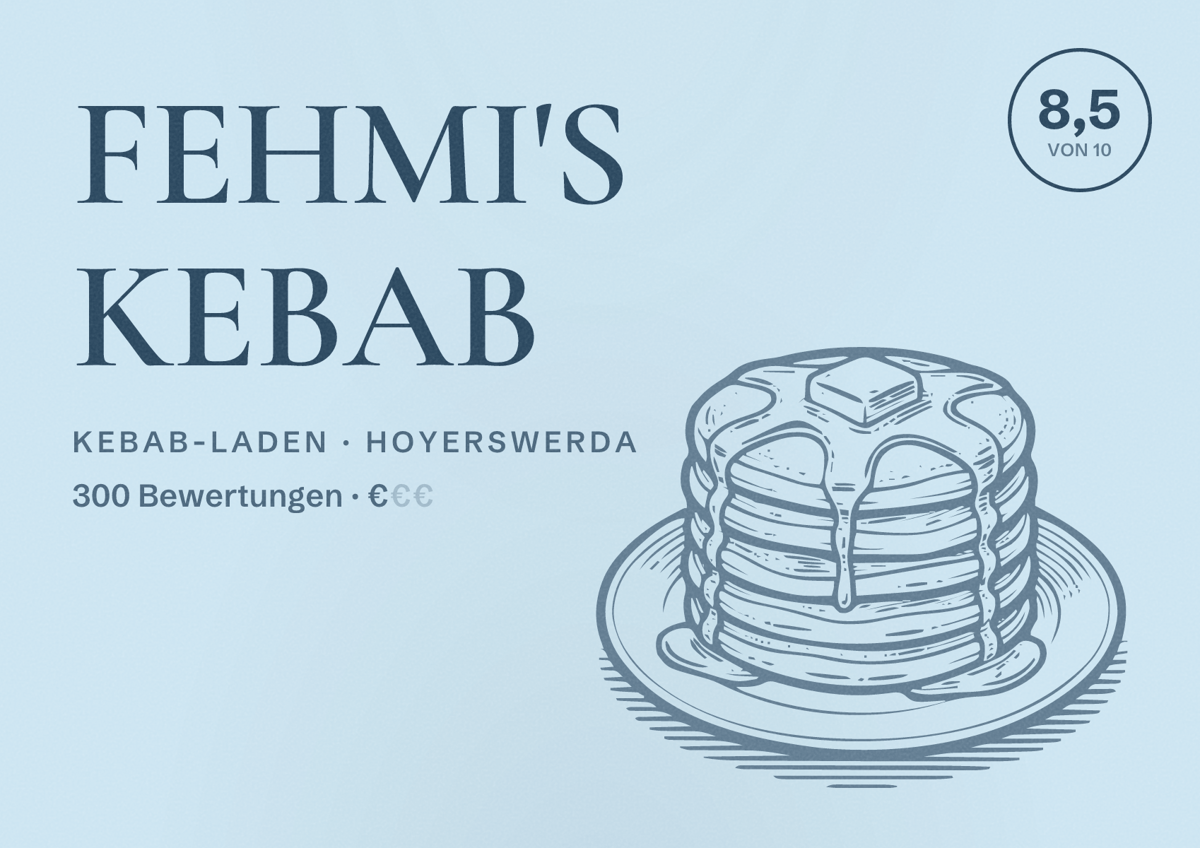 Illustriertes Poster von FEHMI'S KEBAB, Kebab-Laden in Hoyerswerda: Bewertung 8,5 von 10 aus 300 Bewertungen, Preisniveau €