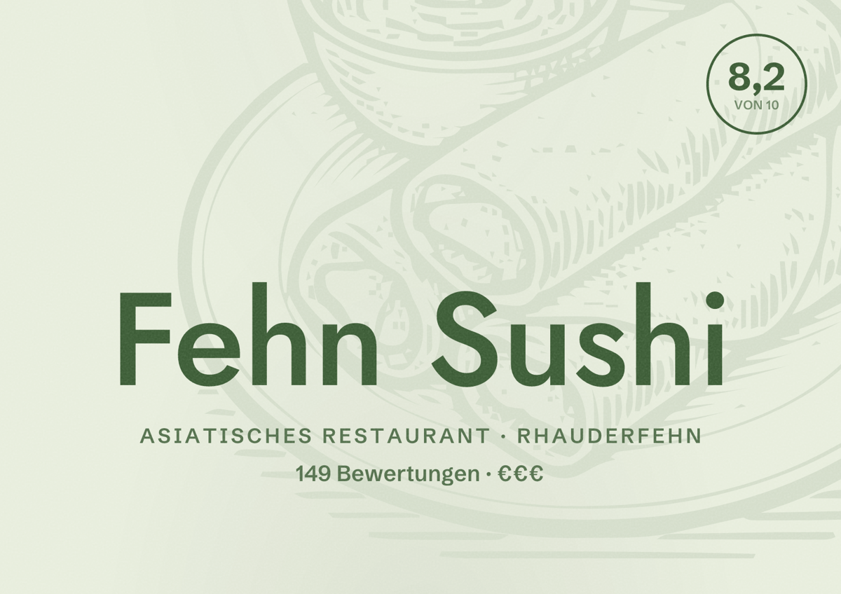 Illustriertes Poster von Fehn Sushi, Asiatisches Restaurant in Rhauderfehn: Bewertung 8,2 von 10 aus 149 Bewertungen, Preisniveau €€€