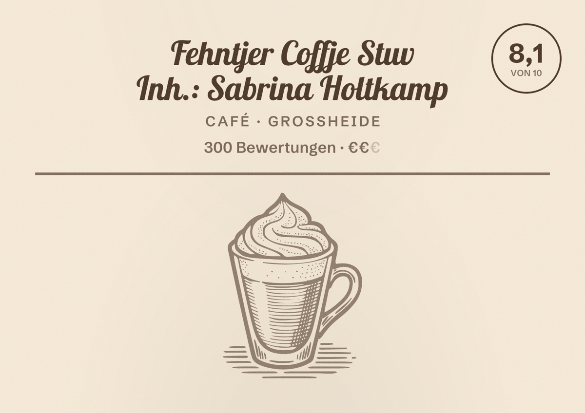 Illustriertes Poster von Fehntjer Coffje Stuv Inh.: Sabrina Holtkamp, Café in Großheide: Bewertung 8,1 von 10 aus 300 Bewertungen, Preisniveau €€