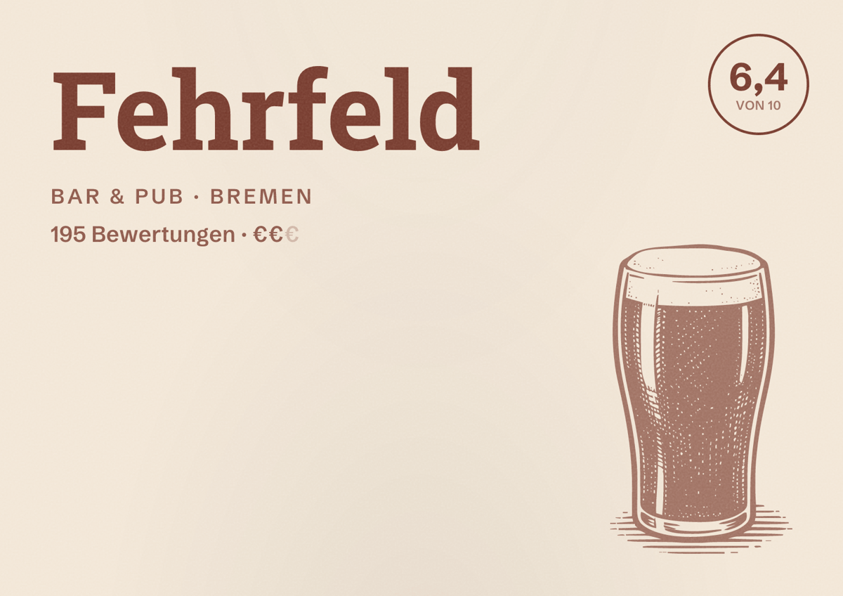 Illustriertes Poster von Fehrfeld, Bar & Pub in Bremen: Bewertung 6,4 von 10 aus 195 Bewertungen, Preisniveau €€