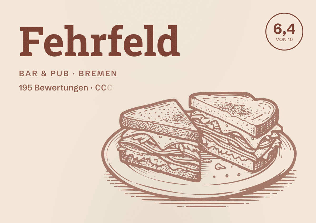 Illustriertes Poster von Fehrfeld, Bar & Pub in Bremen: Bewertung 6,4 von 10 aus 195 Bewertungen, Preisniveau €€
