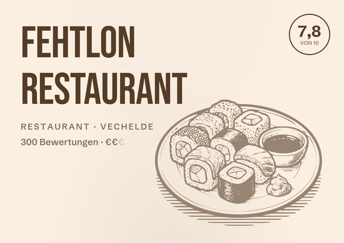 Illustriertes Poster von Fehtlon Restaurant, Restaurant in Vechelde: Bewertung 7,8 von 10 aus 300 Bewertungen, Preisniveau €€