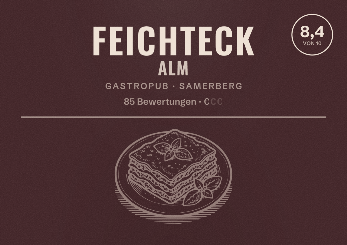 Illustriertes Poster von Feichteck Alm, Gastropub in Samerberg: Bewertung 8,4 von 10 aus 85 Bewertungen, Preisniveau €
