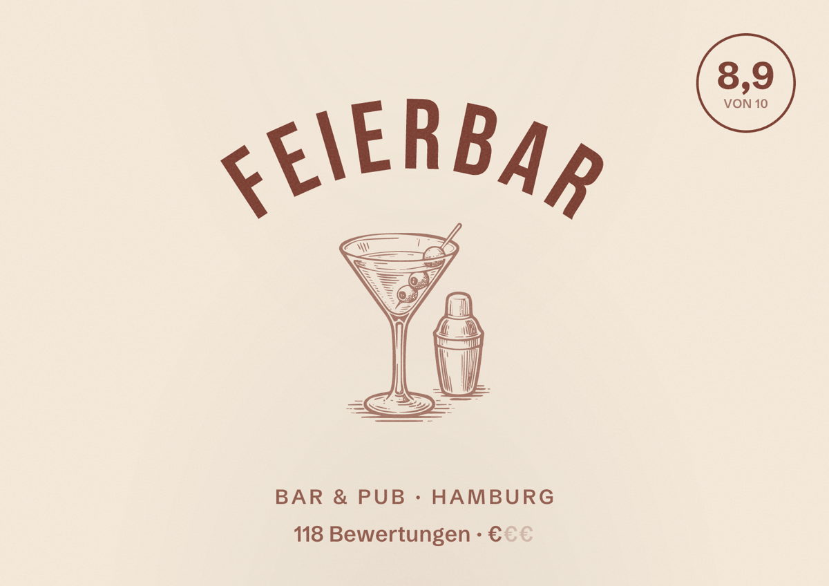 Illustriertes Poster von FEIERBAR, Bar & Pub in Hamburg: Bewertung 8,9 von 10 aus 118 Bewertungen, Preisniveau €