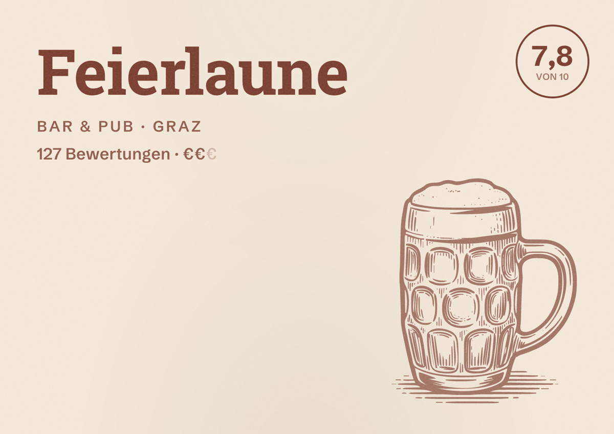 Illustriertes Poster von Feierlaune, Bar & Pub in Graz: Bewertung 7,8 von 10 aus 127 Bewertungen, Preisniveau €€