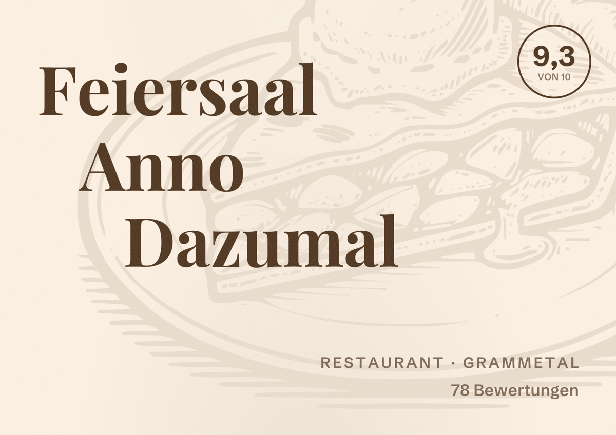 Illustriertes Poster von Feiersaal Anno Dazumal, Restaurant in Grammetal: Bewertung 9,3 von 10 aus 78 Bewertungen