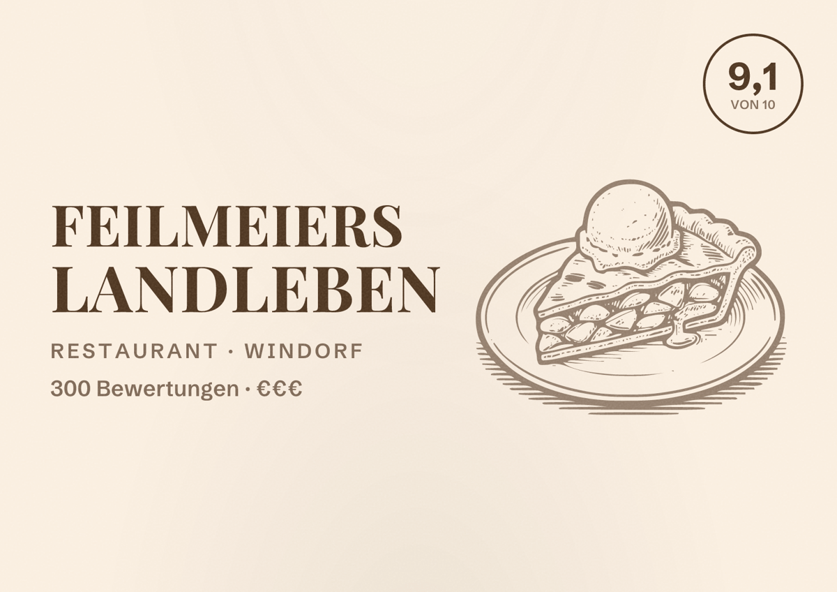 Illustriertes Poster von Feilmeiers Landleben, Restaurant in Windorf: Bewertung 9,1 von 10 aus 300 Bewertungen, Preisniveau €€€