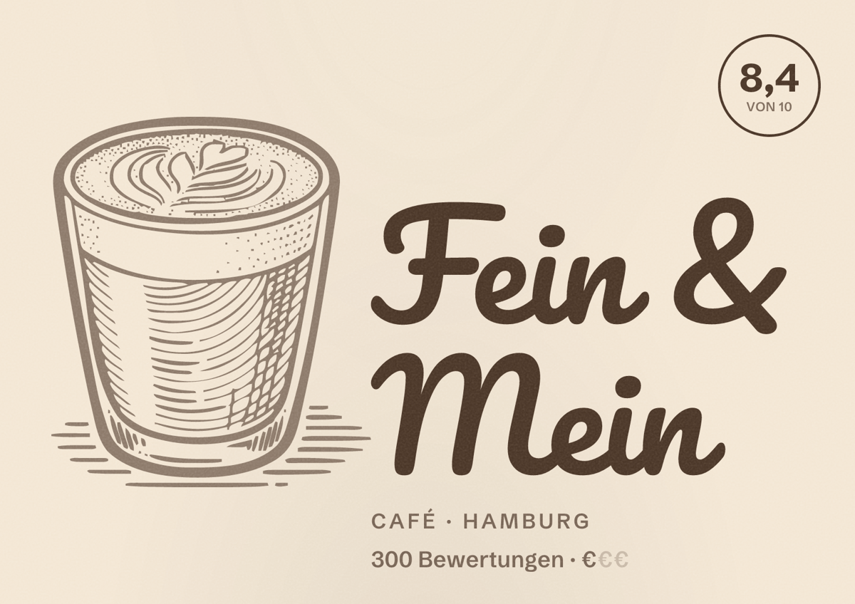 Illustriertes Poster von Fein & Mein, Café in Hamburg: Bewertung 8,4 von 10 aus 300 Bewertungen, Preisniveau €
