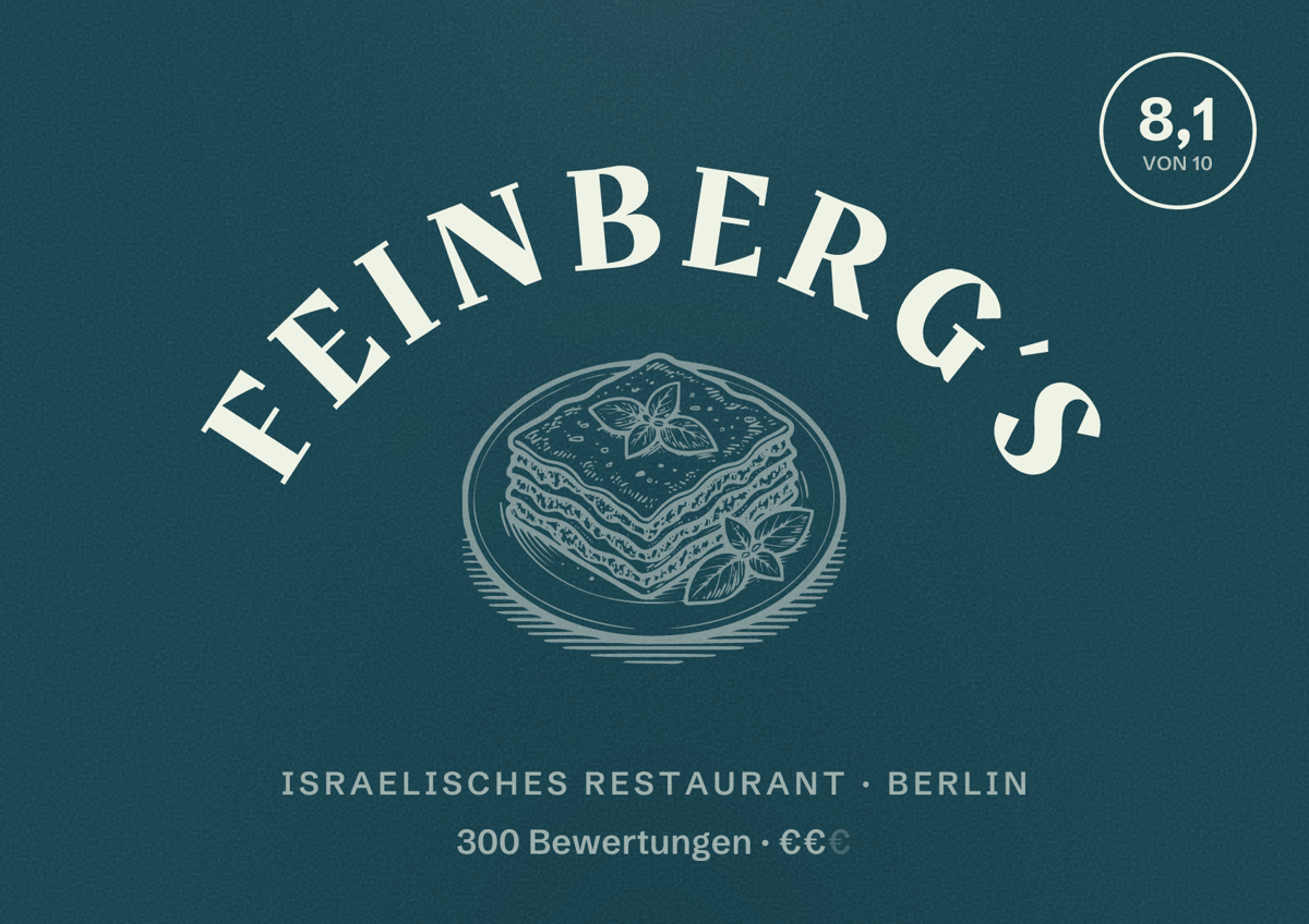 Illustriertes Poster von Feinberg’s, Israelisches Restaurant in Berlin: Bewertung 8,1 von 10 aus 300 Bewertungen, Preisniveau €€