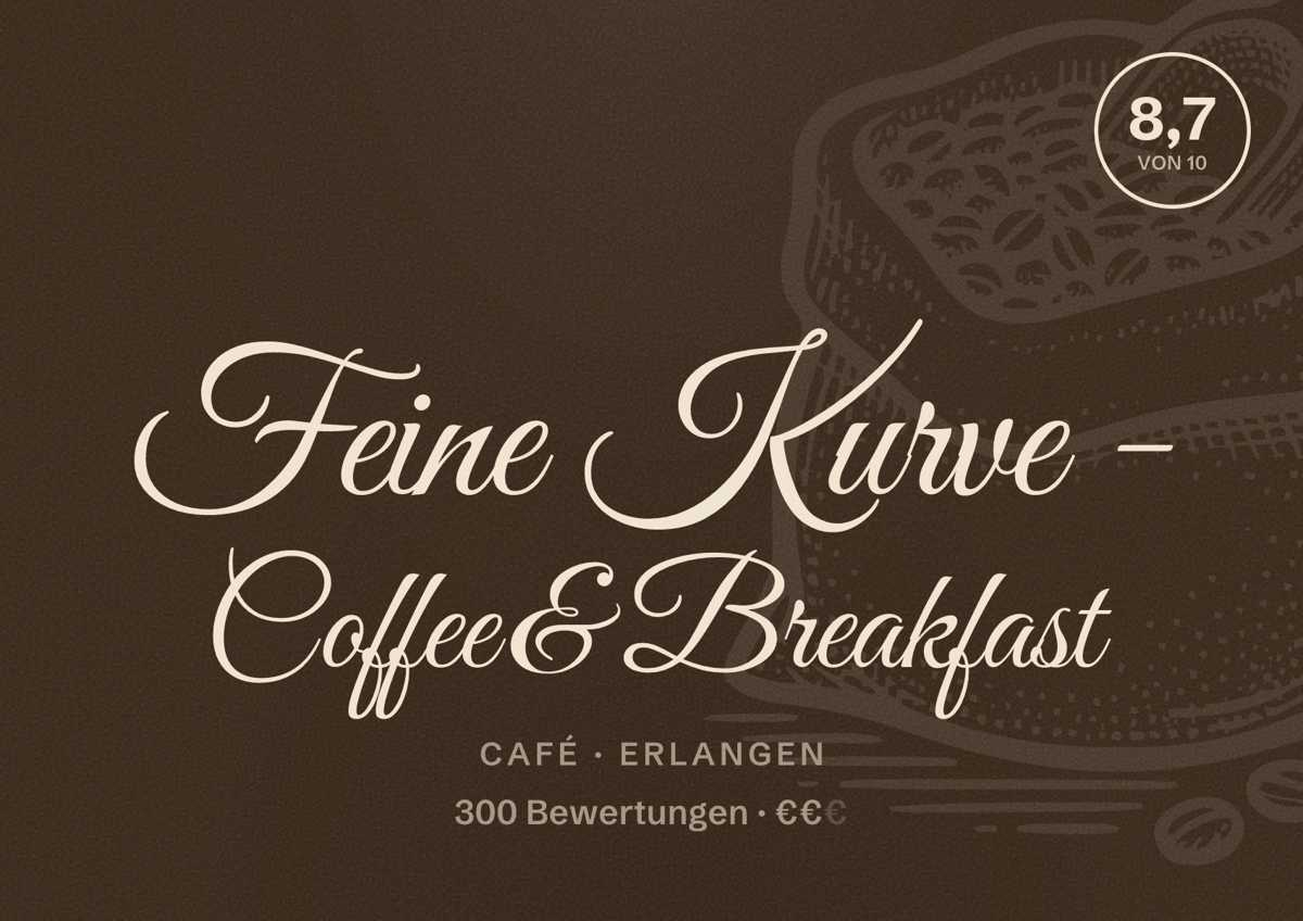 Illustriertes Poster von Feine Kurve - Coffee & Breakfast, Café in Erlangen: Bewertung 8,7 von 10 aus 300 Bewertungen, Preisniveau €€