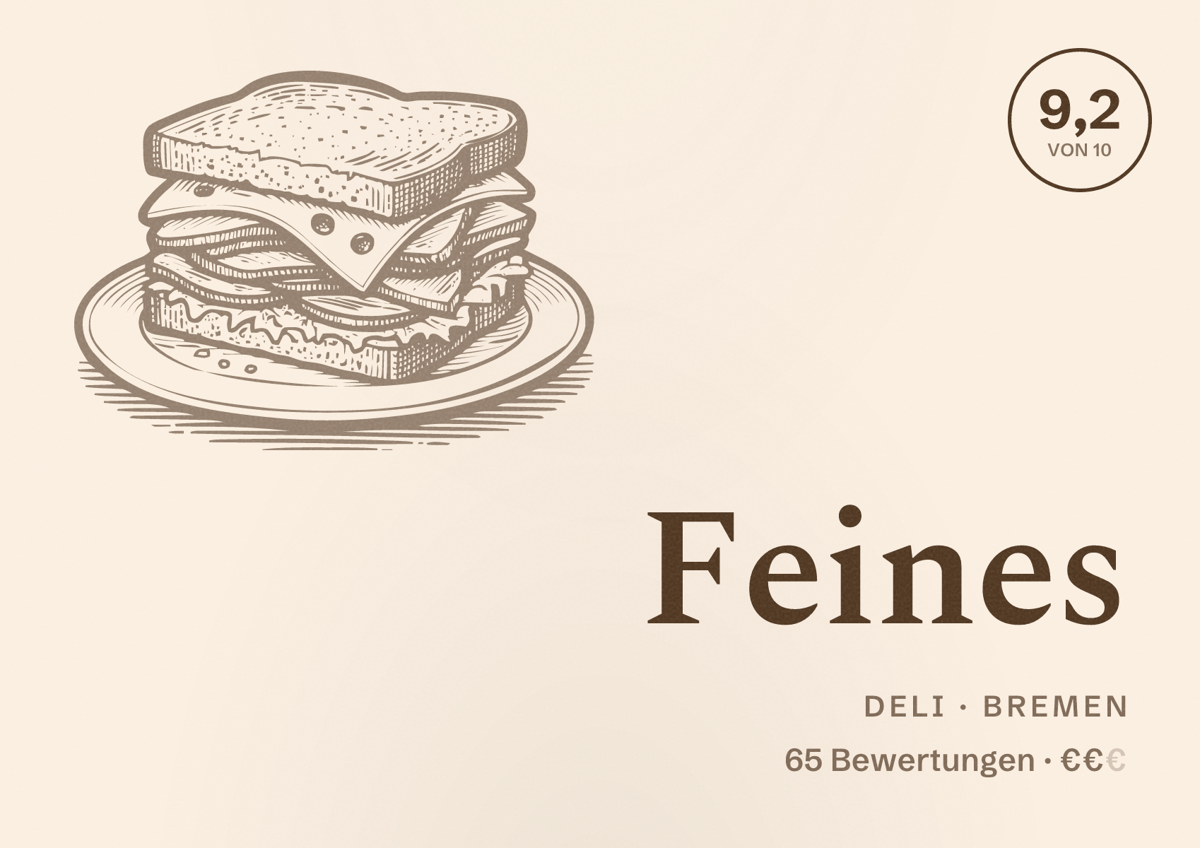 Illustriertes Poster von Feines, Deli in Bremen: Bewertung 9,2 von 10 aus 65 Bewertungen, Preisniveau €€
