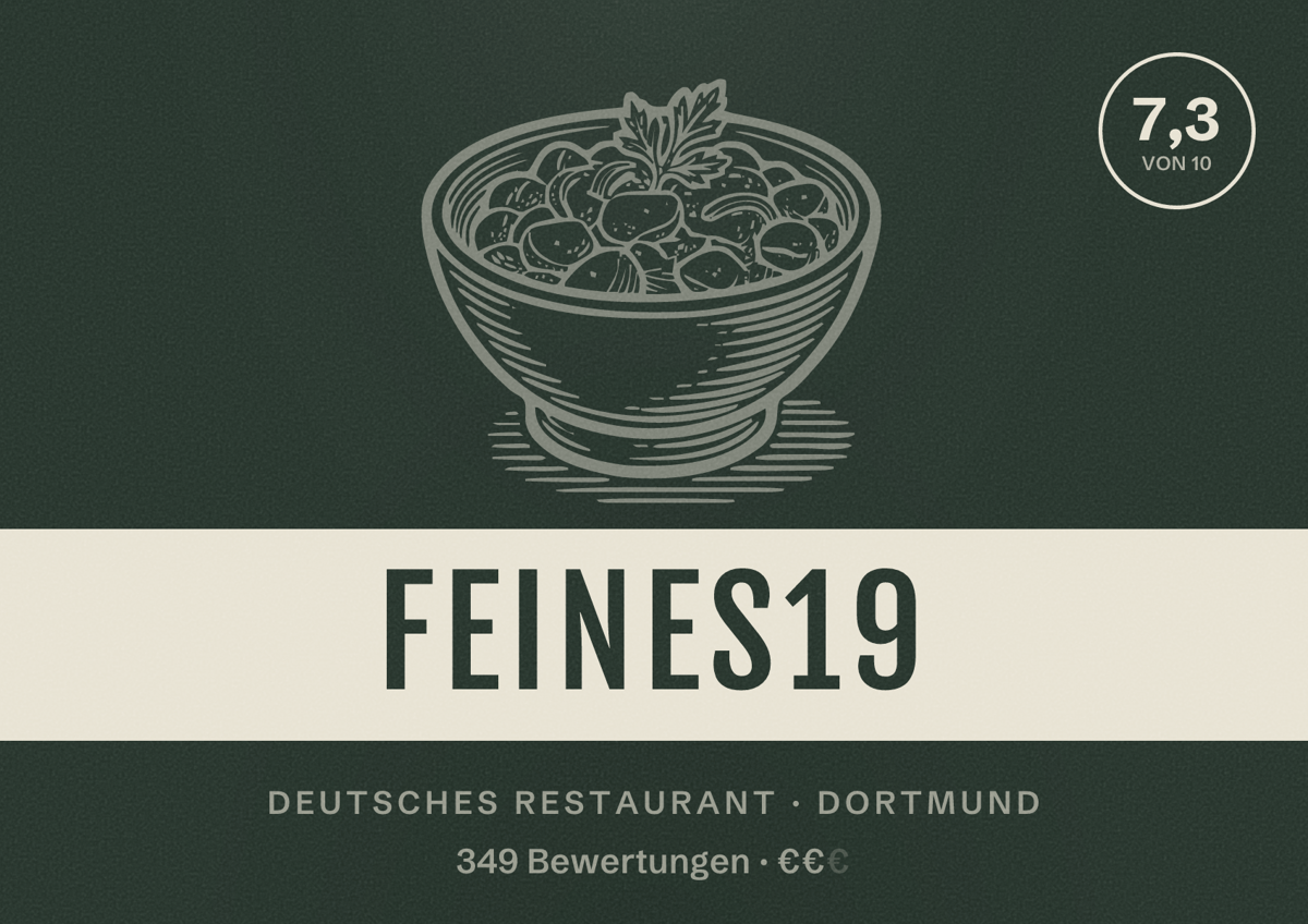 Illustriertes Poster von Feines19, Deutsches Restaurant in Dortmund: Bewertung 7,3 von 10 aus 349 Bewertungen, Preisniveau €€
