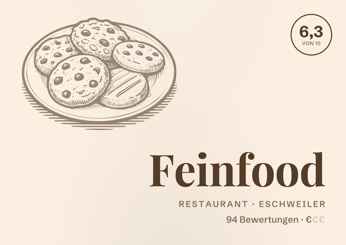 Illustriertes Poster von Feinfood, Restaurant in Eschweiler: Bewertung 6,3 von 10 aus 94 Bewertungen, Preisniveau €