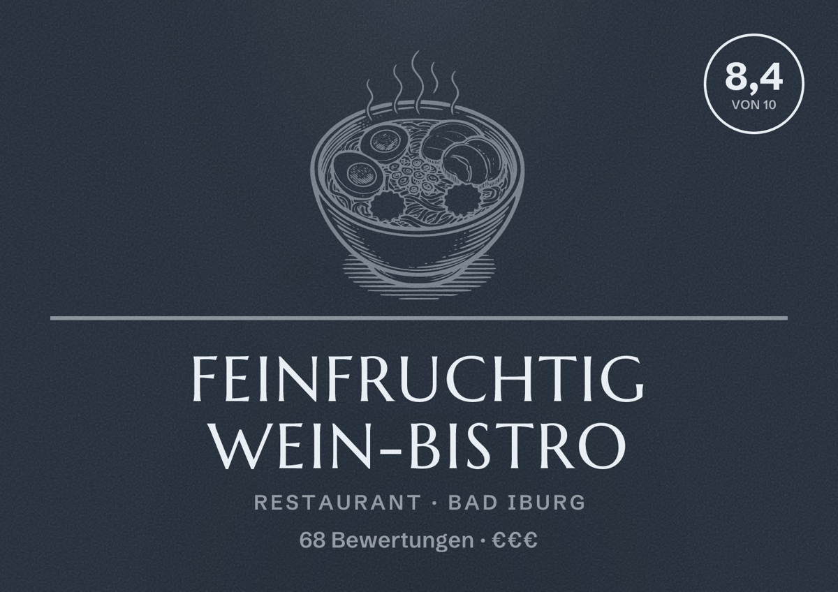 Illustriertes Poster von FeinFruchtig Wein-Bistro, Restaurant in Bad Iburg: Bewertung 8,4 von 10 aus 68 Bewertungen, Preisniveau €€€