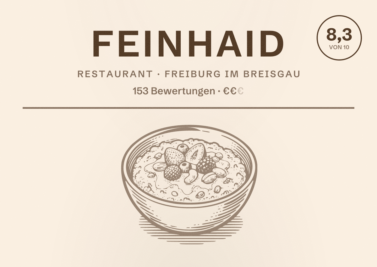 Illustriertes Poster von FEINHAID, Restaurant in Freiburg im Breisgau: Bewertung 8,3 von 10 aus 153 Bewertungen, Preisniveau €€