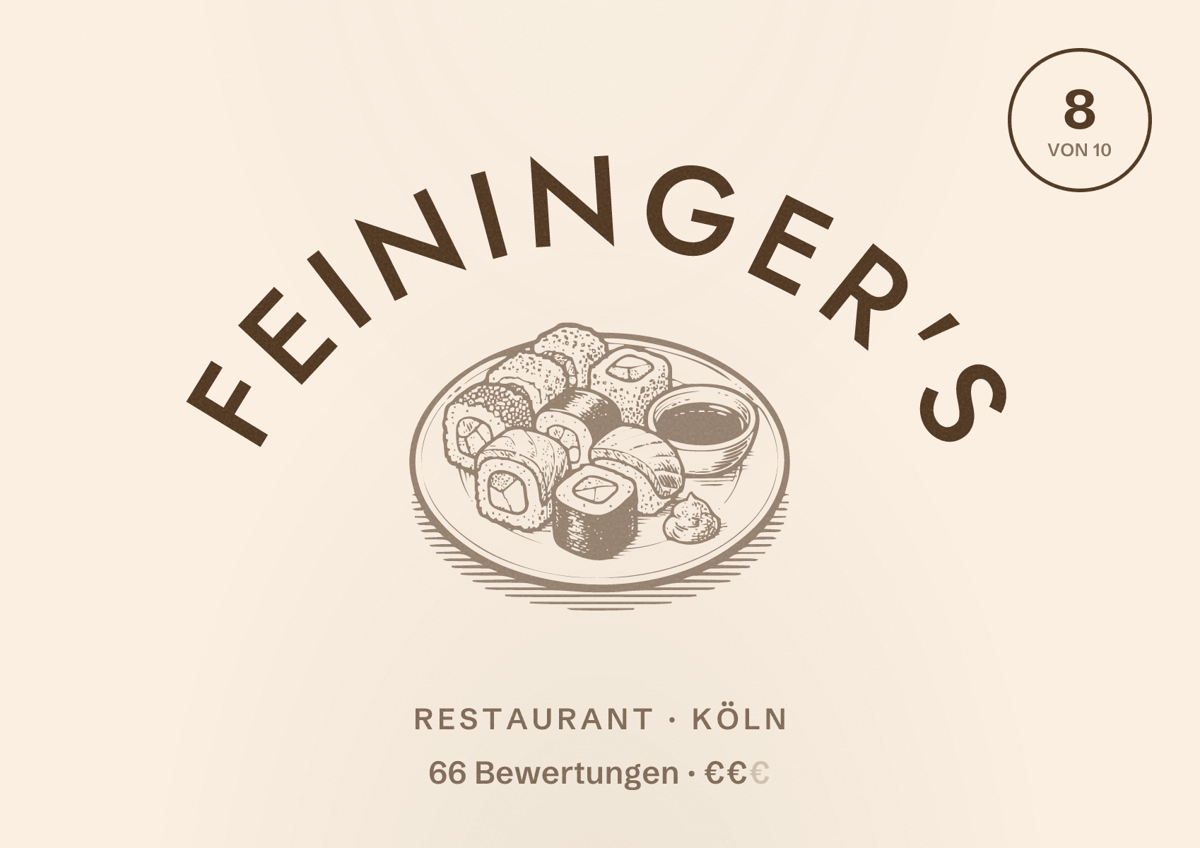 Illustriertes Poster von Feininger's, Restaurant in Köln: Bewertung 8,0 von 10 aus 66 Bewertungen, Preisniveau €€
