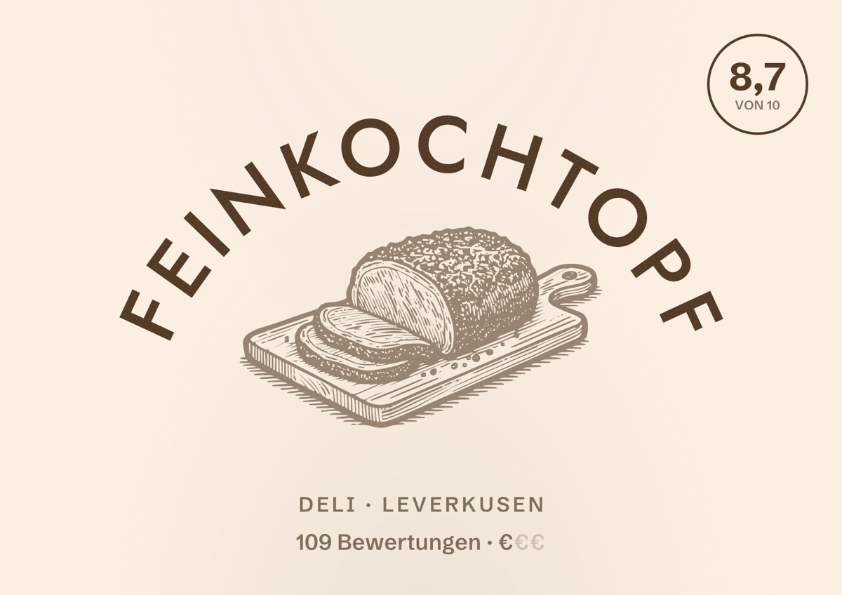Illustriertes Poster von Feinkochtopf, Deli in Leverkusen: Bewertung 8,7 von 10 aus 109 Bewertungen, Preisniveau €