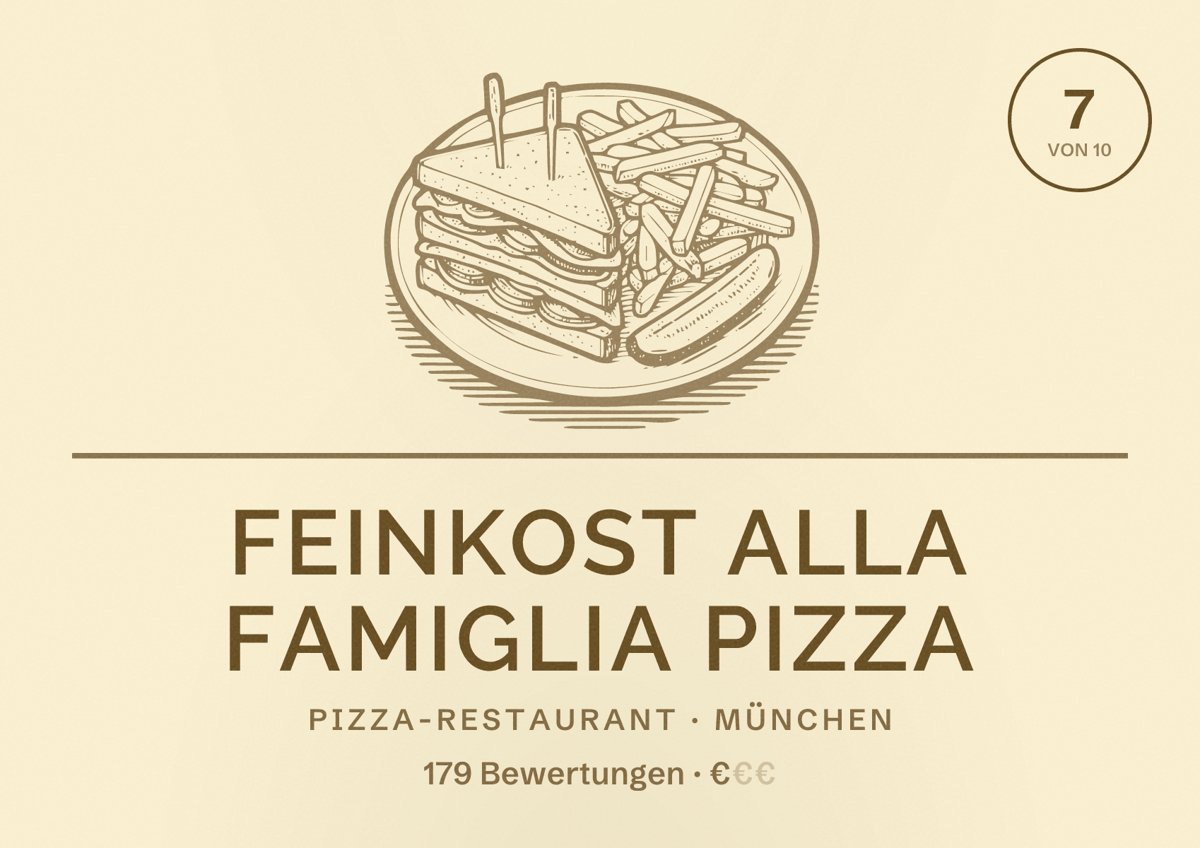 Illustriertes Poster von Feinkost Alla Famiglia Pizza, Pizza-Restaurant in München: Bewertung 7,0 von 10 aus 179 Bewertungen, Preisniveau €