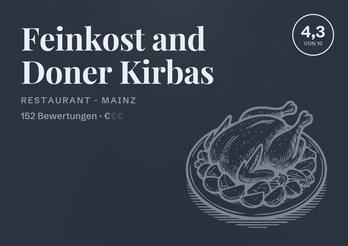 Illustriertes Poster von Feinkost and Doner Kirbas, Restaurant in Mainz: Bewertung 4,3 von 10 aus 152 Bewertungen, Preisniveau €