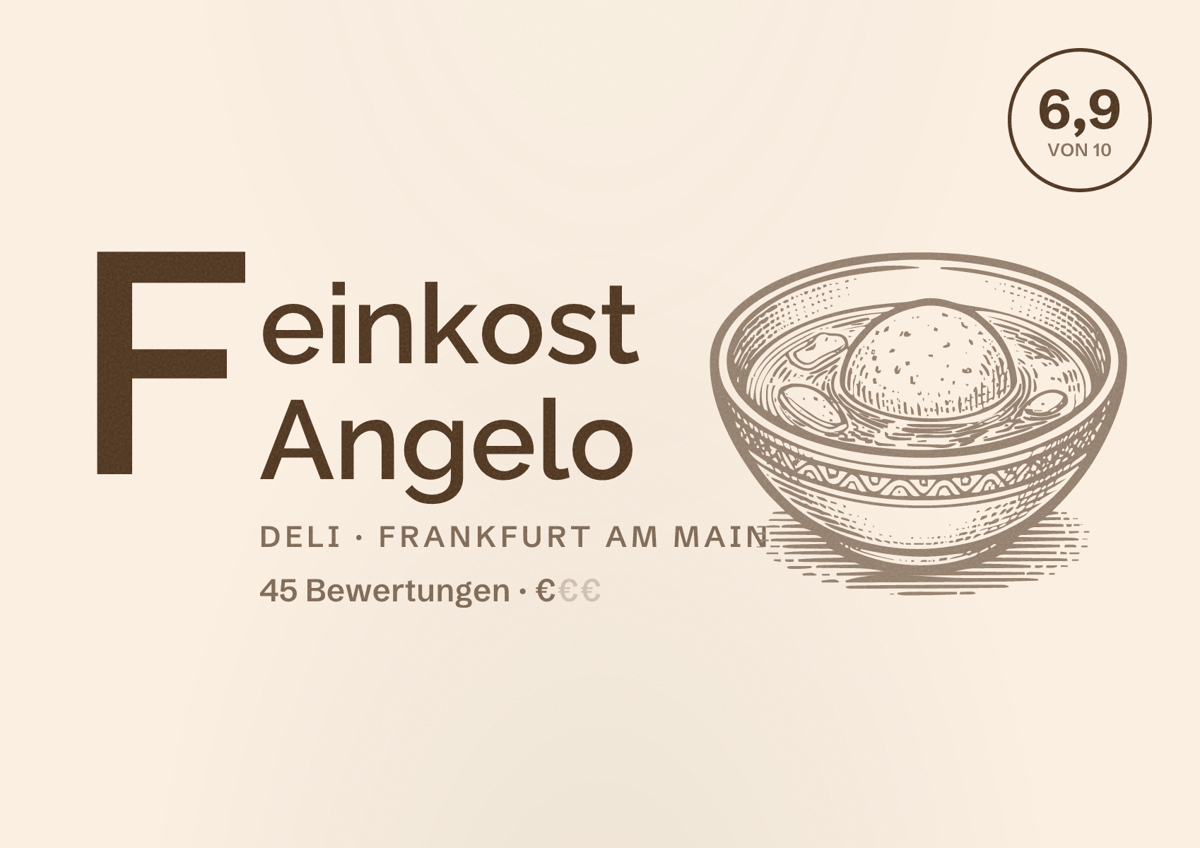 Illustriertes Poster von Feinkost Angelo, Deli in Frankfurt am Main: Bewertung 6,9 von 10 aus 45 Bewertungen, Preisniveau €
