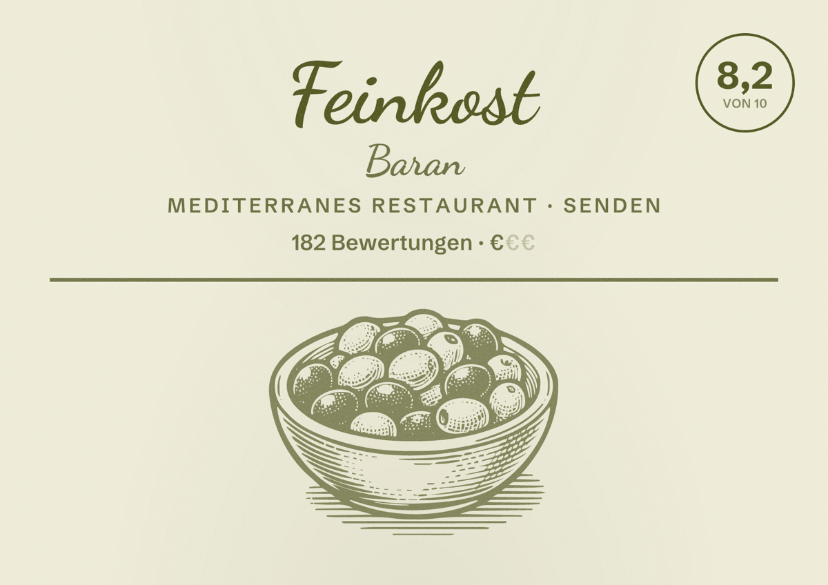Illustriertes Poster von Feinkost Baran, Mediterranes Restaurant in Senden: Bewertung 8,2 von 10 aus 182 Bewertungen, Preisniveau €