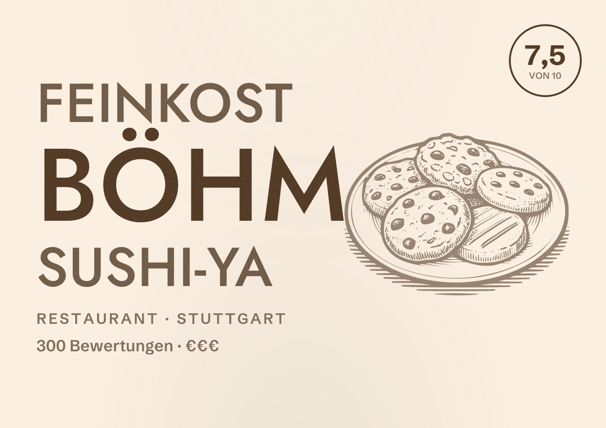 Illustriertes Poster von Feinkost Böhm Sushi-Ya, Restaurant in Stuttgart: Bewertung 7,5 von 10 aus 300 Bewertungen, Preisniveau €€€