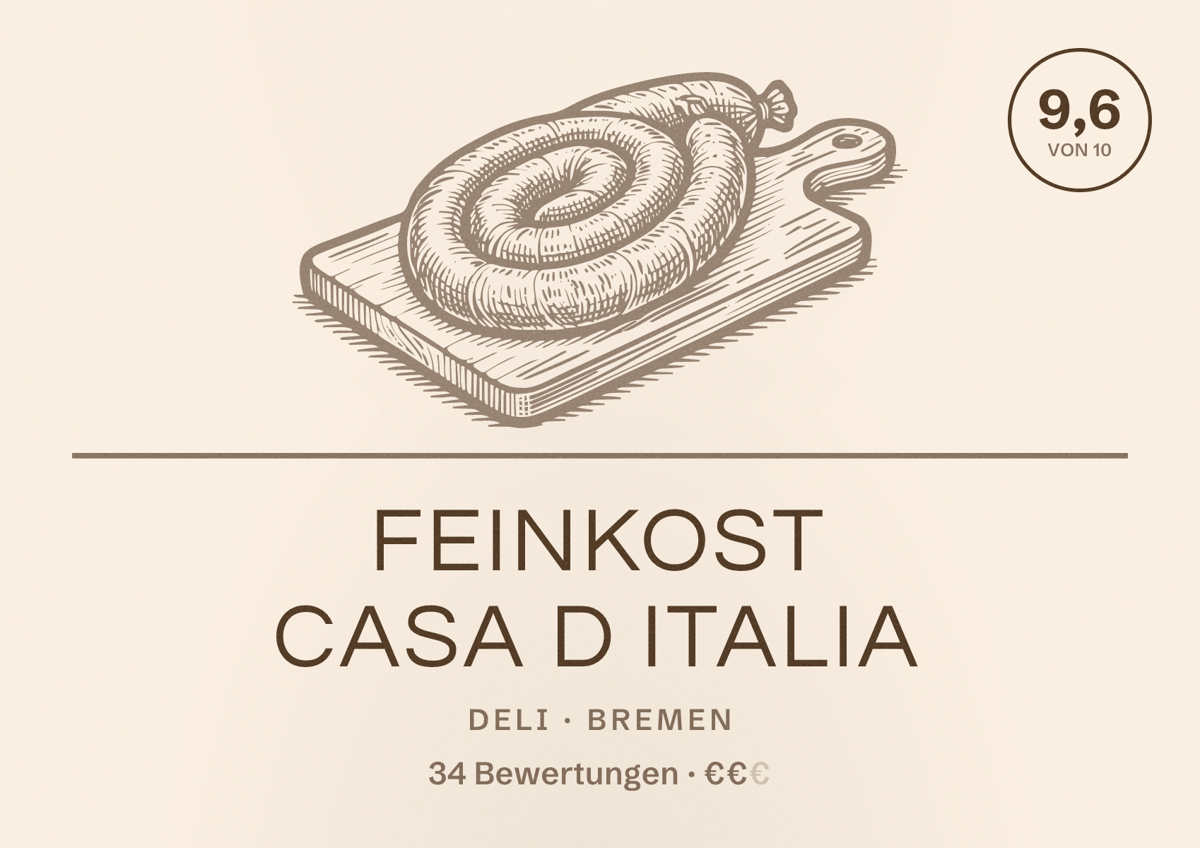 Illustriertes Poster von Feinkost Casa D Italia, Deli in Bremen: Bewertung 9,6 von 10 aus 34 Bewertungen, Preisniveau €€