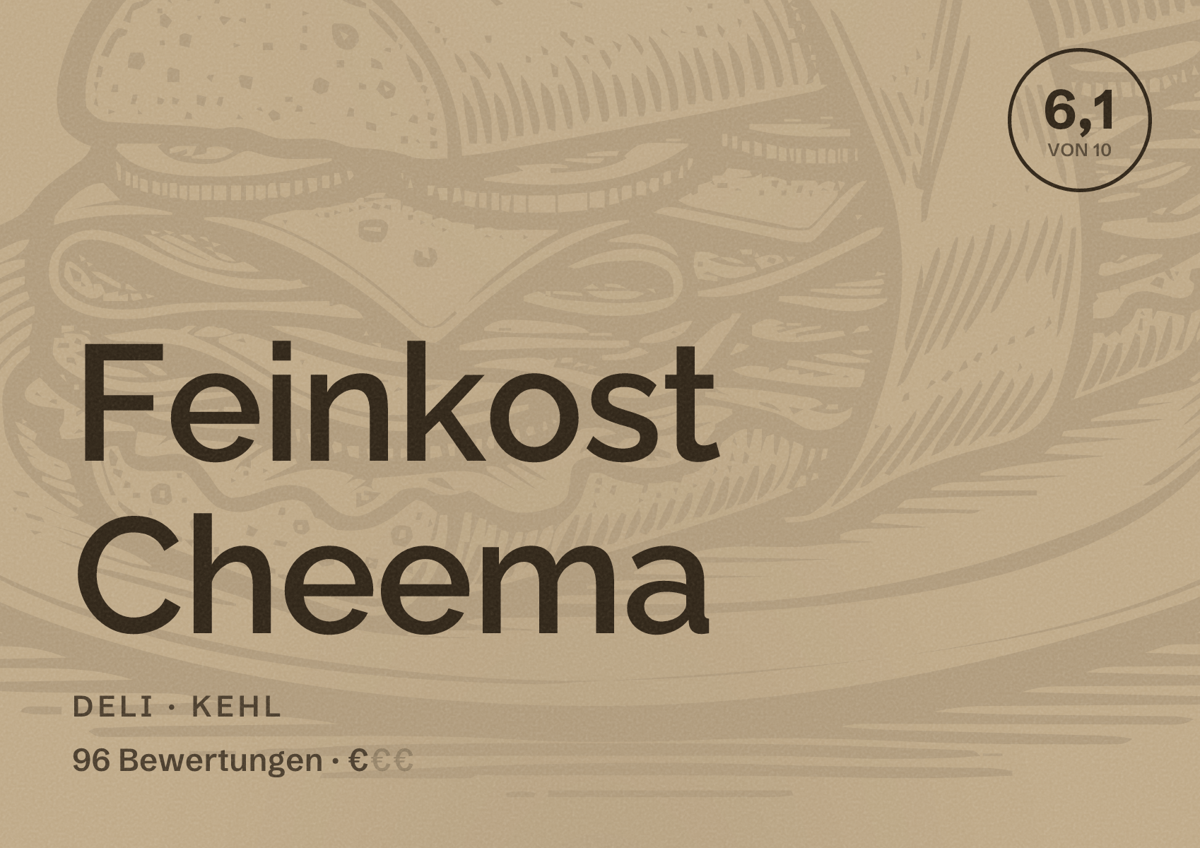 Illustriertes Poster von Feinkost Cheema, Deli in Kehl: Bewertung 6,1 von 10 aus 96 Bewertungen, Preisniveau €