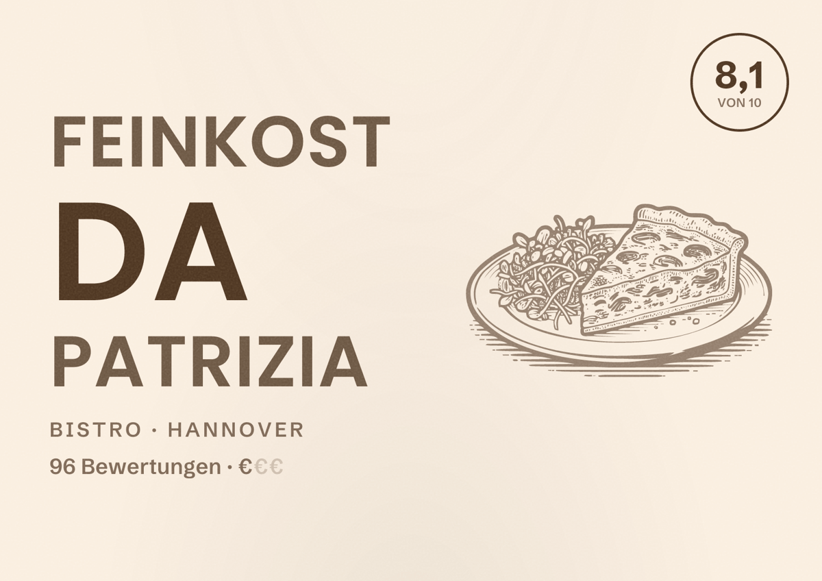 Illustriertes Poster von Feinkost da Patrizia, Bistro in Hannover: Bewertung 8,1 von 10 aus 96 Bewertungen, Preisniveau €