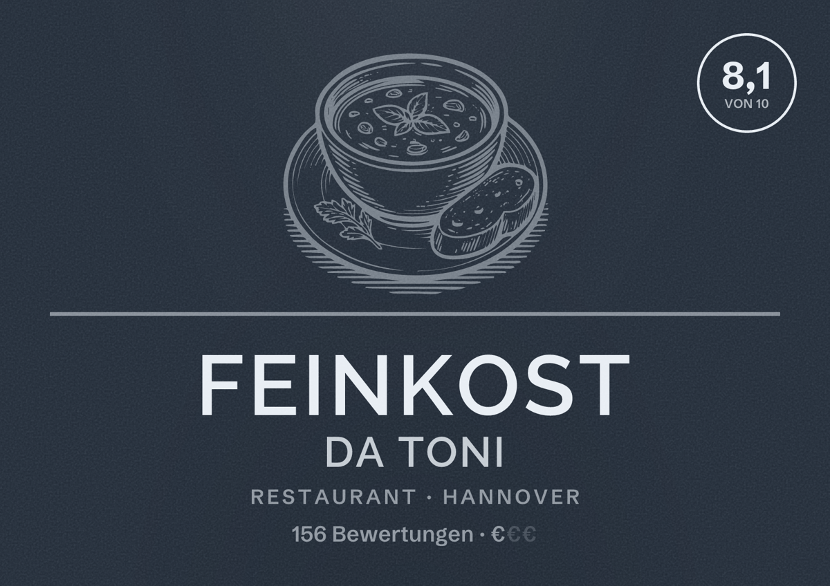 Illustriertes Poster von Feinkost Da Toni, Restaurant in Hannover: Bewertung 8,1 von 10 aus 156 Bewertungen, Preisniveau €