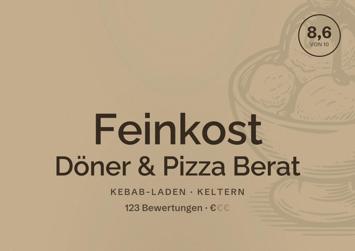 Illustriertes Poster von Feinkost Döner & Pizza Berat, Kebab-Laden in Keltern: Bewertung 8,6 von 10 aus 123 Bewertungen, Preisniveau €