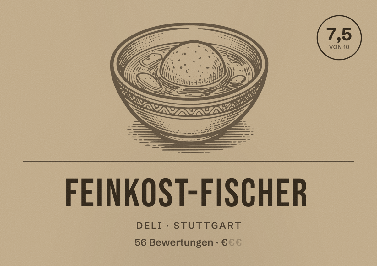 Illustriertes Poster von Feinkost-Fischer, Deli in Stuttgart: Bewertung 7,5 von 10 aus 56 Bewertungen, Preisniveau €