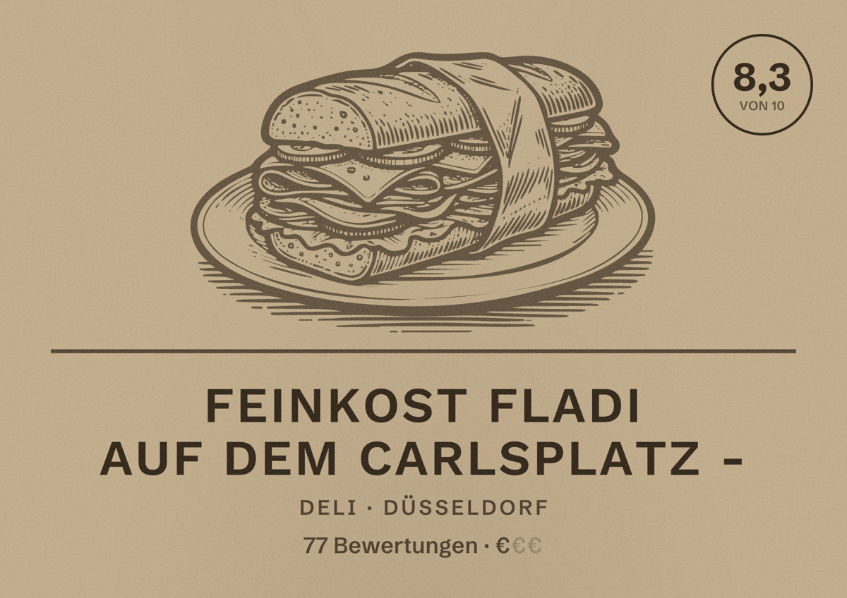 Illustriertes Poster von Feinkost Fladi auf dem Carlsplatz -, Deli in Düsseldorf: Bewertung 8,3 von 10 aus 77 Bewertungen, Preisniveau €