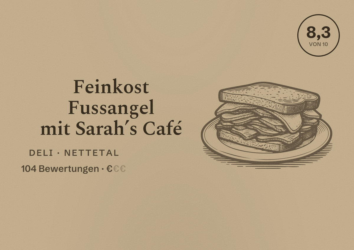 Illustriertes Poster von Feinkost Fussangel mit Sarah’s Café, Deli in Nettetal: Bewertung 8,3 von 10 aus 104 Bewertungen, Preisniveau €