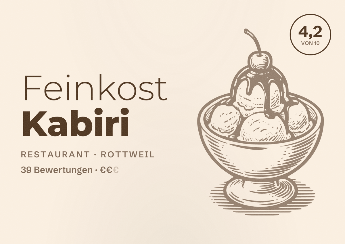 Illustriertes Poster von Feinkost Kabiri, Restaurant in Rottweil: Bewertung 4,2 von 10 aus 39 Bewertungen, Preisniveau €€