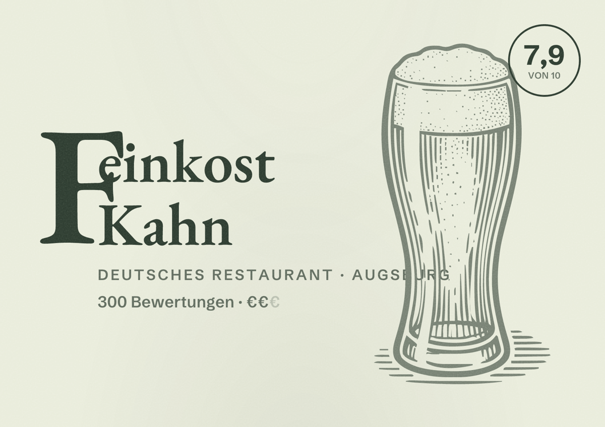 Illustriertes Poster von Feinkost Kahn, Deutsches Restaurant in Augsburg: Bewertung 7,9 von 10 aus 300 Bewertungen, Preisniveau €€
